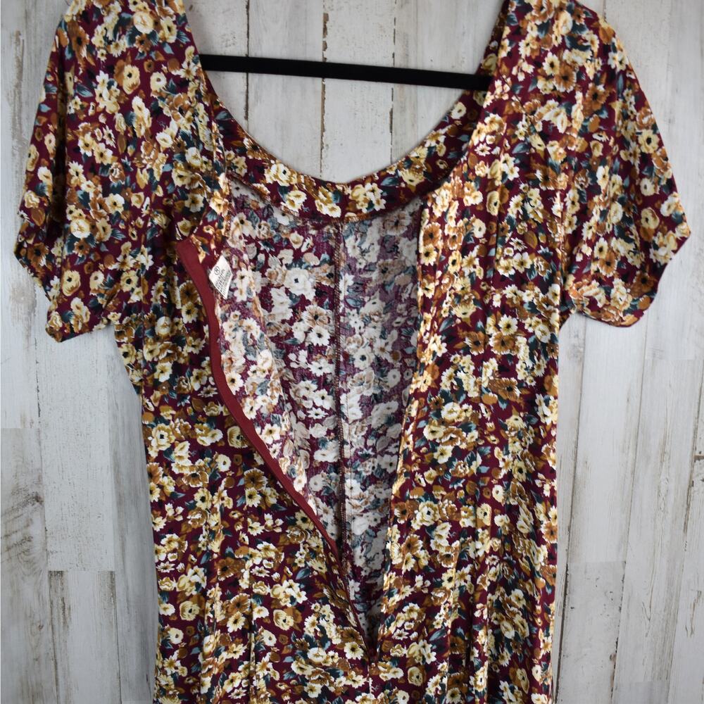 90s Vintage Floral Dress Women's Medium Red Brown Short Sleeve Cottage Grunge M - Picture 9 of 9